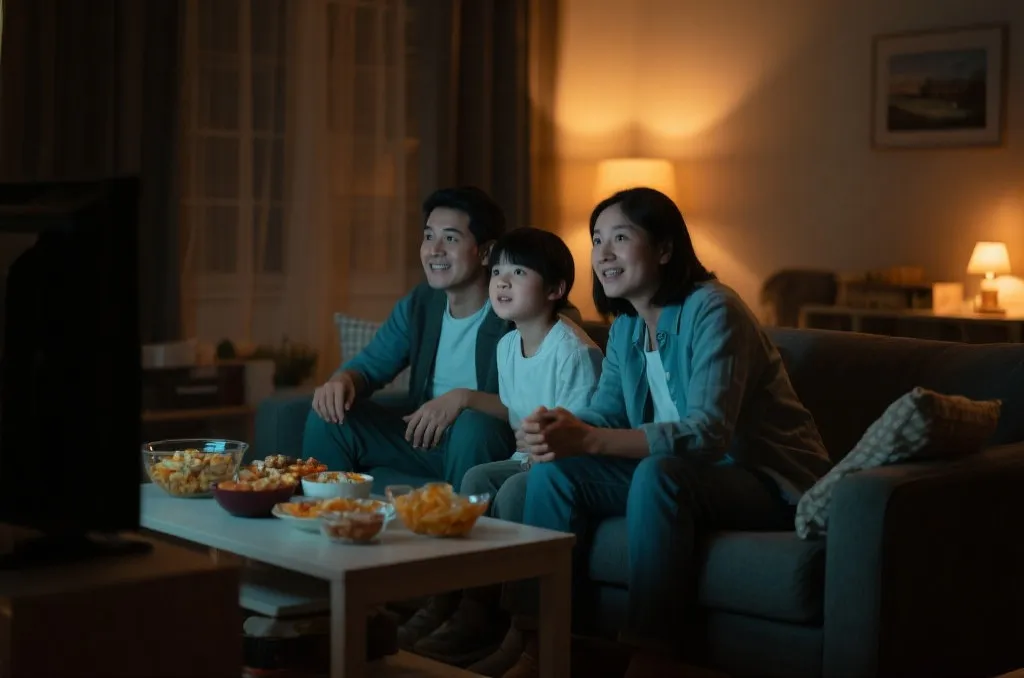 客厅内家庭观赛的中景构图,电视光与暖色灯光交织,捕捉自然表情
